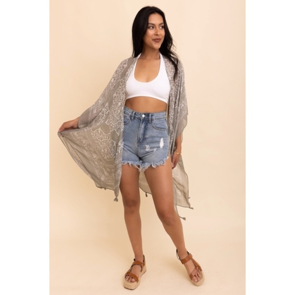 Olive Gray Mandala Printed Tassel Open Kimono Coverup Casual Wrap One Size - Picture 3 of 4